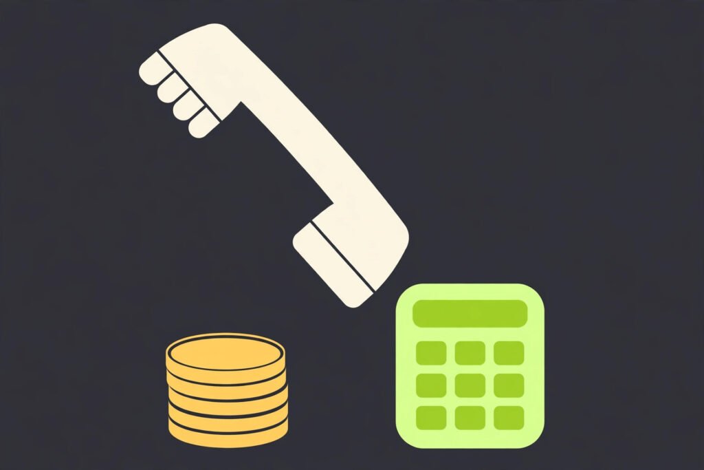 AI receptionist cost and pricing in 2026 illustrated with a phone, coins and calculator